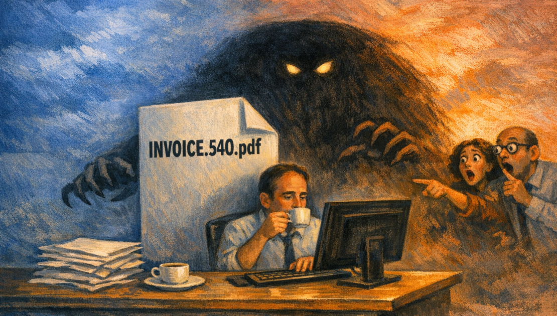 PDF pericoloso in azienda - illustrazione di un impiegato che apre una fattura Invoice540.pdf senza sospettare la minaccia nascosta