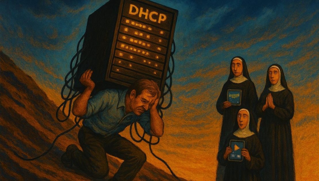 Illustrazione di un tecnico che spinge in salita un server DHCP come Sisifo, metafora di una rete aziendale lenta con troppi dispositivi.
