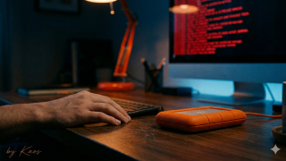 Disco rigido esterno arancione su una scrivania accanto a un monitor con avvisi rossi, immagine sulla sicurezza endpoint aziendale.