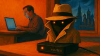 Illustrazione satirica di un router aziendale compromesso travestito da spia della Guerra Fredda con trench e cappello, mentre spia un imprenditore ignaro