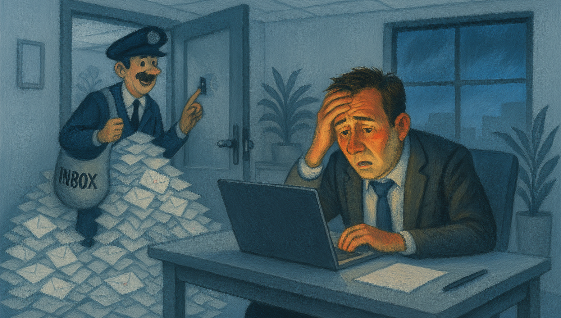 Illustrazione editoriale che rappresenta un attacco email bombing in azienda: un postino con un sacco enorme di lettere alla porta di un ufficio mentre un dipendente sopraffatto lavora al laptop.