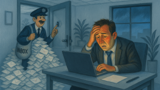 Illustrazione editoriale che rappresenta un attacco email bombing in azienda: un postino con un sacco enorme di lettere alla porta di un ufficio mentre un dipendente sopraffatto lavora al laptop.