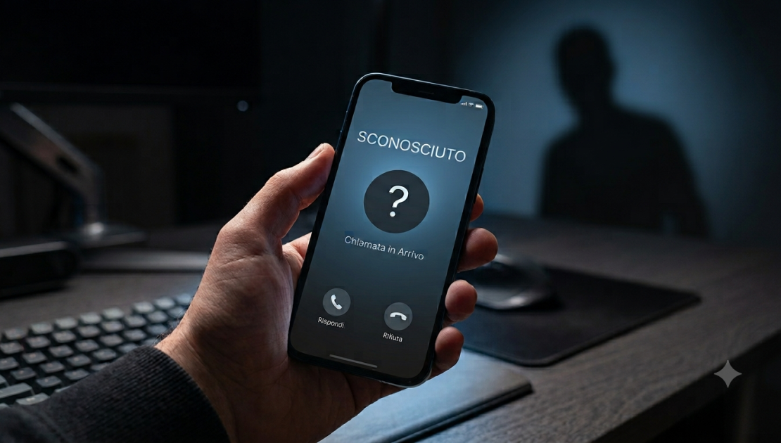 Smartphone che mostra una chiamata da numero sconosciuto, immagine sul tema delle chiamate mute truffa e di come riconoscerle.
