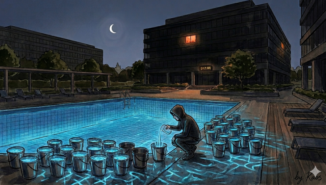 Illustrazione di una piscina svuotata un bicchiere alla volta di notte, metafora visiva della sicurezza VPN aziendale violata in silenzio.