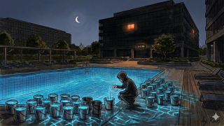 Illustrazione di una piscina svuotata un bicchiere alla volta di notte, metafora visiva della sicurezza VPN aziendale violata in silenzio.