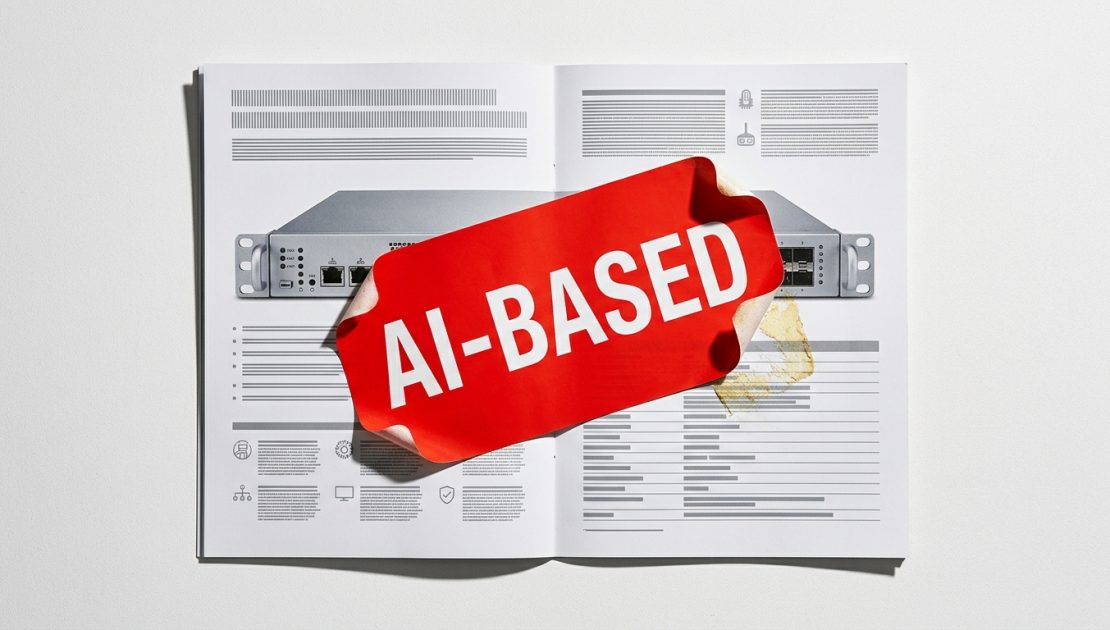 AI nella sicurezza informatica: un adesivo rosso AI-BASED incollato storto su una brochure, con gli angoli che si stanno già staccando