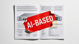 AI nella sicurezza informatica: un adesivo rosso AI-BASED incollato storto su una brochure, con gli angoli che si stanno già staccando