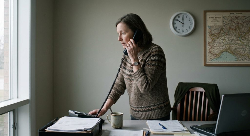 Furto credenziali email aziendale: una donna al telefono in un ufficio di provincia, la mano appoggiata alla scrivania, l'orologio sulle dieci