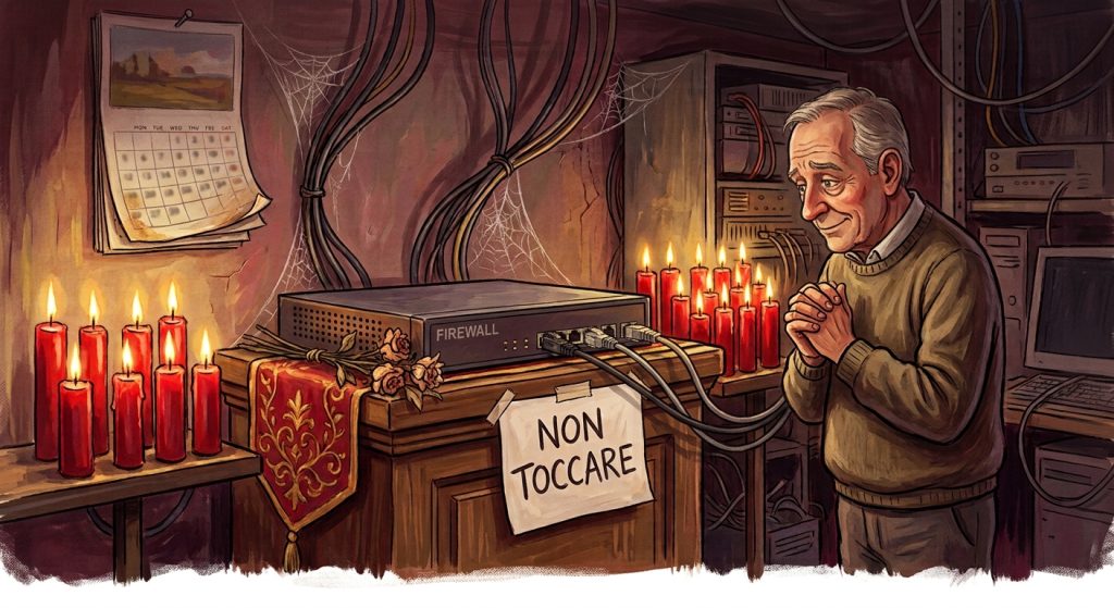 Patch management nelle PMI: un firewall trattato come una reliquia su un altare di candele votive, con il cartello NON TOCCARE davanti