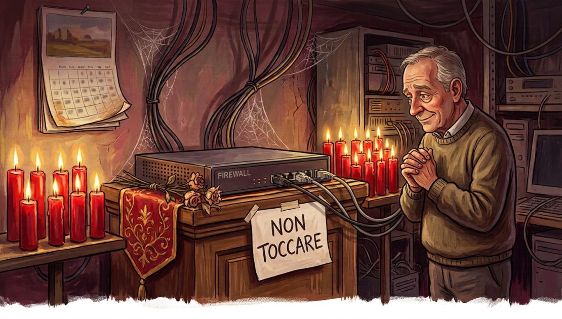 Patch management nelle PMI: un firewall trattato come una reliquia su un altare di candele votive, con il cartello NON TOCCARE davanti