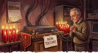 Patch management nelle PMI: un firewall trattato come una reliquia su un altare di candele votive, con il cartello NON TOCCARE davanti