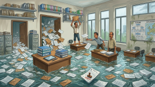 Phishing fiscale aziende: un ufficio allagato da una marea di cartelle fiscali che entra dalla porta, impiegati in piedi sulle scrivanie