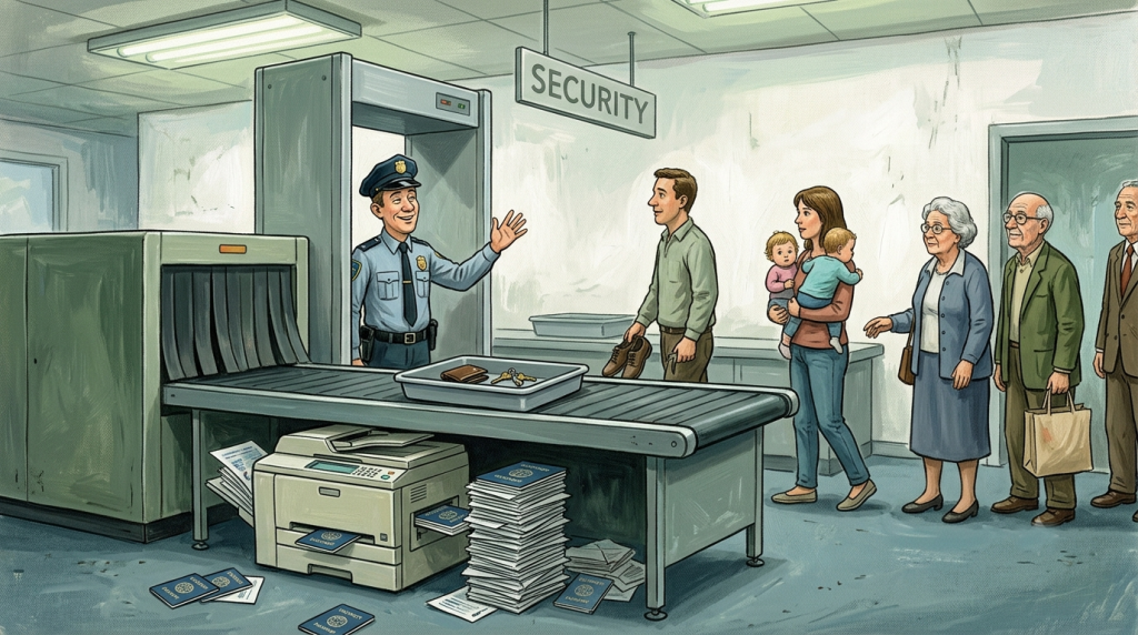 Illustrazione di un varco di sicurezza aeroportuale che fotocopia i passaporti di nascosto, metafora della sicurezza firewall aziendale.