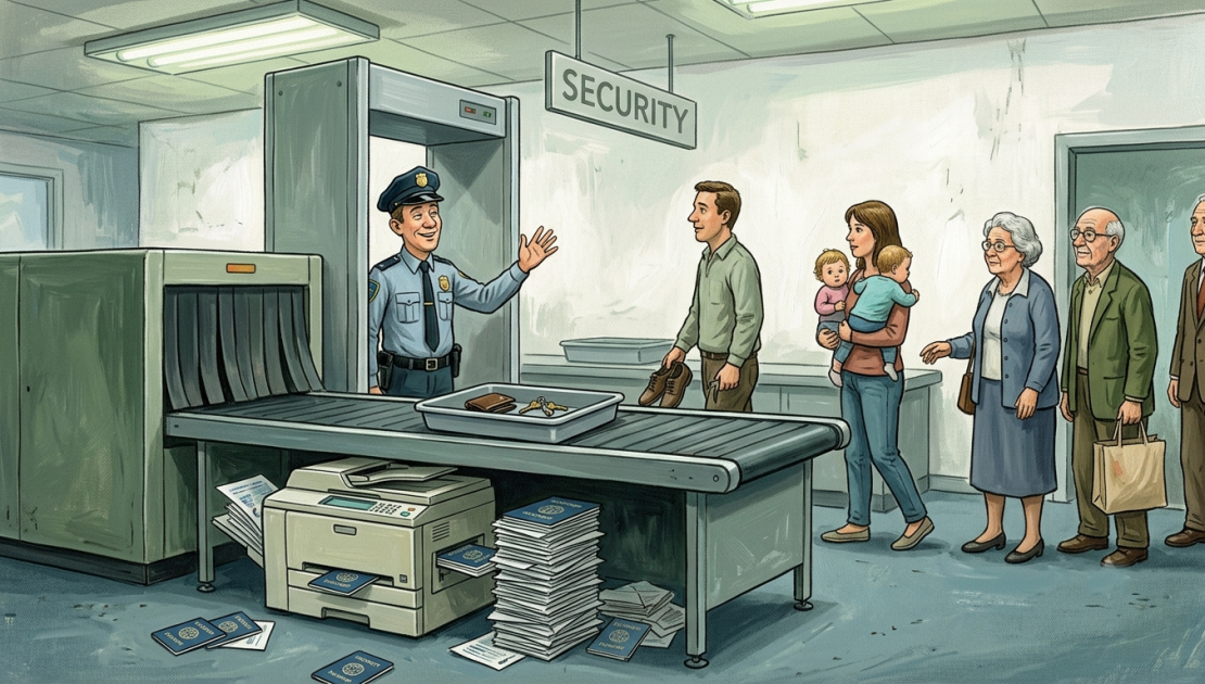 Illustrazione di un varco di sicurezza aeroportuale che fotocopia i passaporti di nascosto, metafora della sicurezza firewall aziendale.