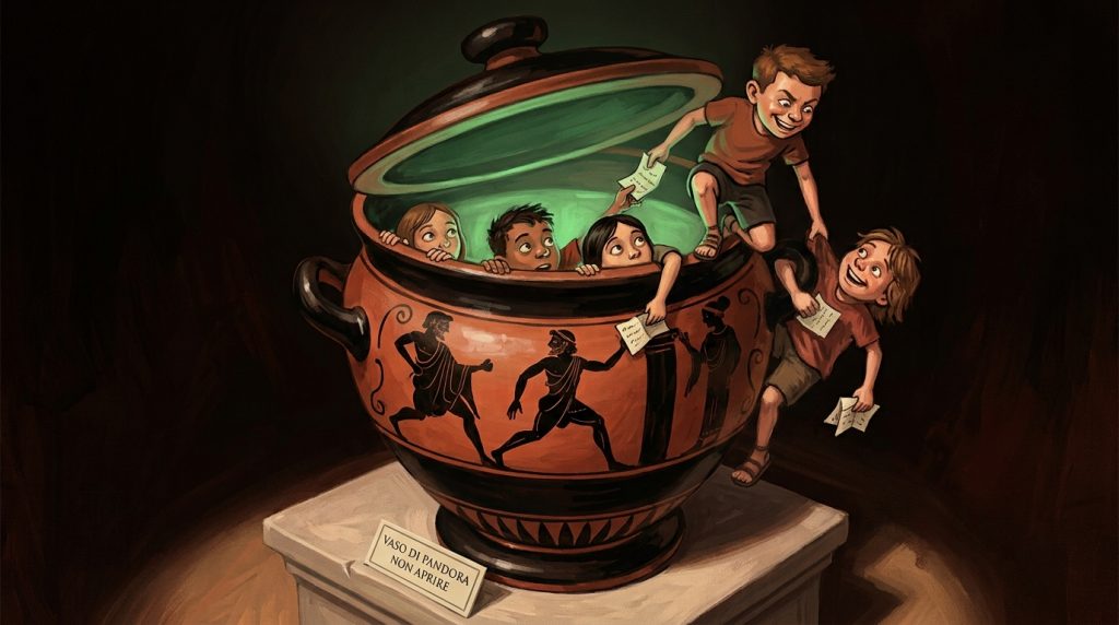 Vaso di Pandora in una teca con la targhetta non aprire e dei ragazzini che ne escono passandosi bigliettini, sulla sicurezza intelligenza artificiale