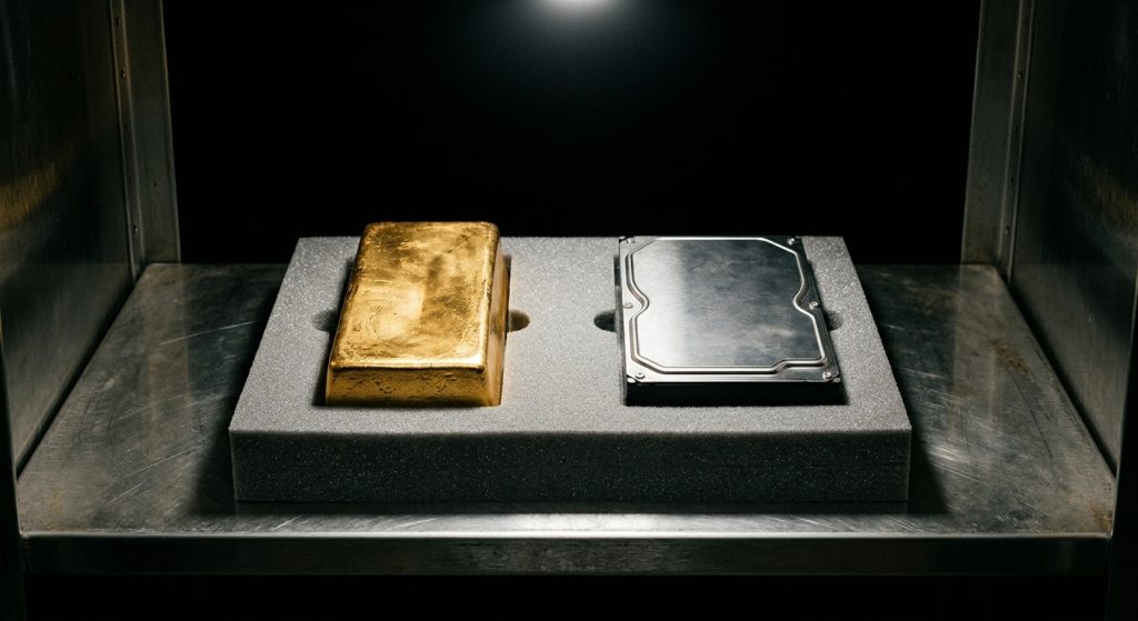 Sovranità digitale: un lingotto d'oro e un hard disk affiancati nella stessa teca di un caveau, custoditi con la stessa cura