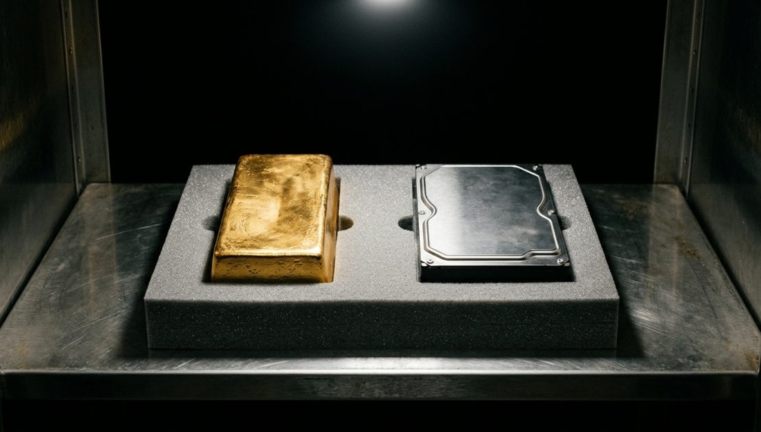 Sovranità digitale: un lingotto d'oro e un hard disk affiancati nella stessa teca di un caveau, custoditi con la stessa cura
