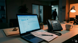 Truffa bonifico fornitore: telefono mai sollevato accanto a un laptop con la mail di un finto fornitore in ufficio amministrativo